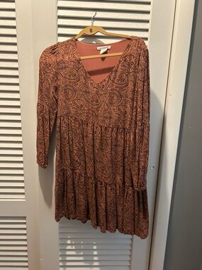 Lucky Brand Rust Paisley Long Sleeve Tiered Dress